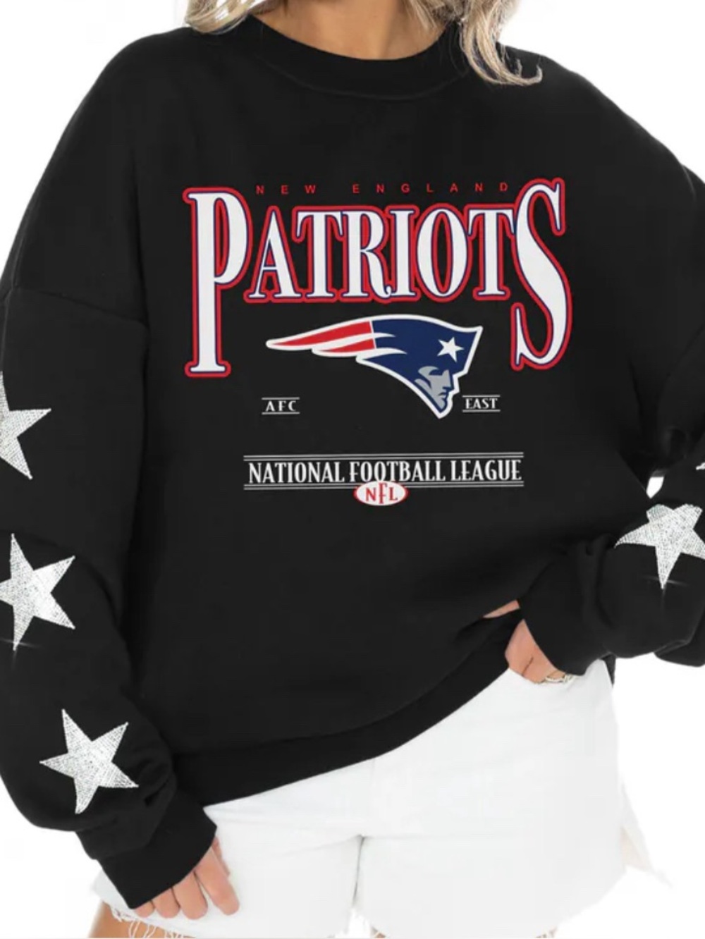 NWT Gameday Couture NE Patriots Rhinestone Star Sleeve Oversized Sweatshirt XXL